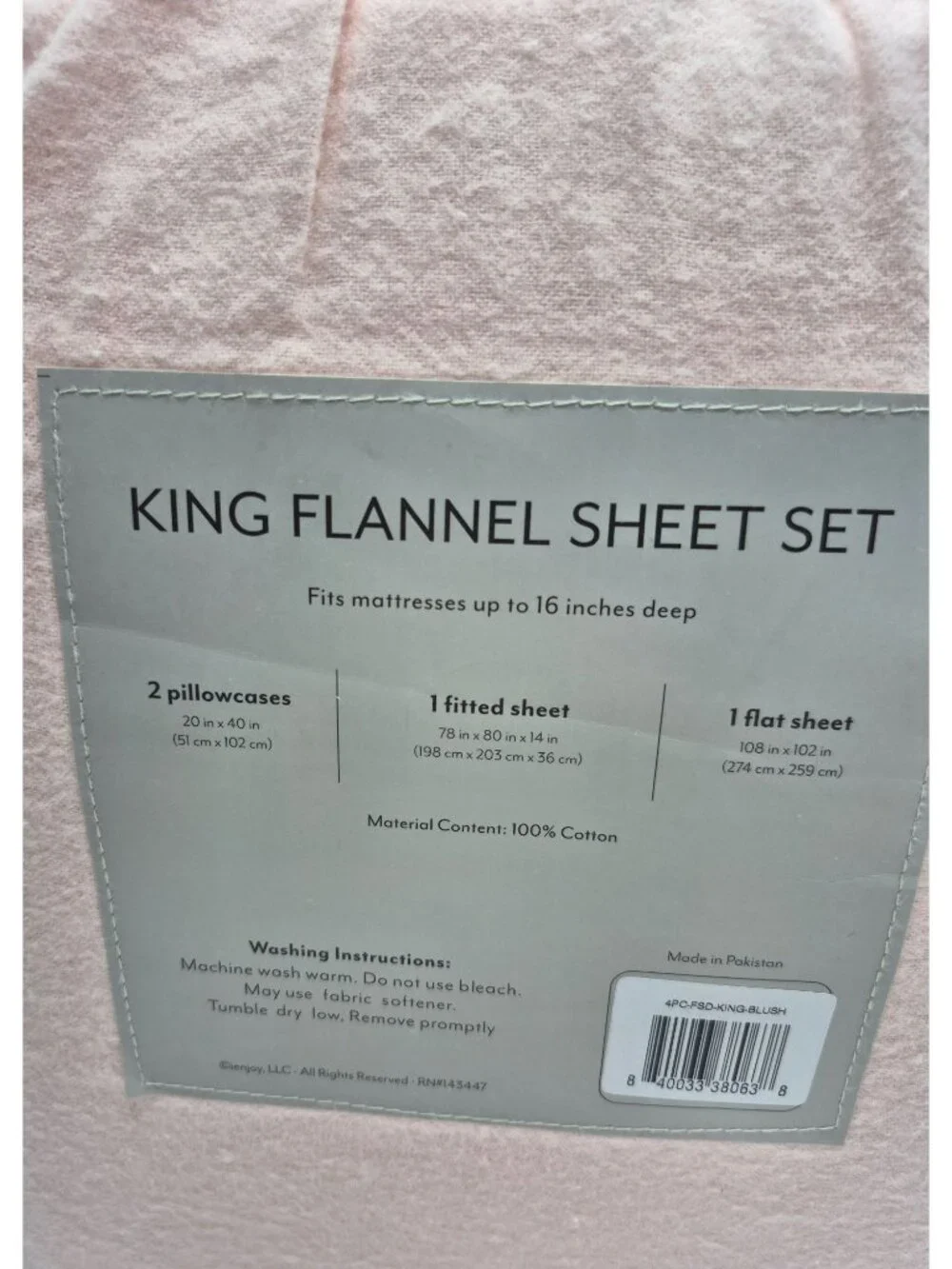 Ienjoy Home King Size Sheet Set Blush Pink 4-Piece 100% Cotton Flannel NEW